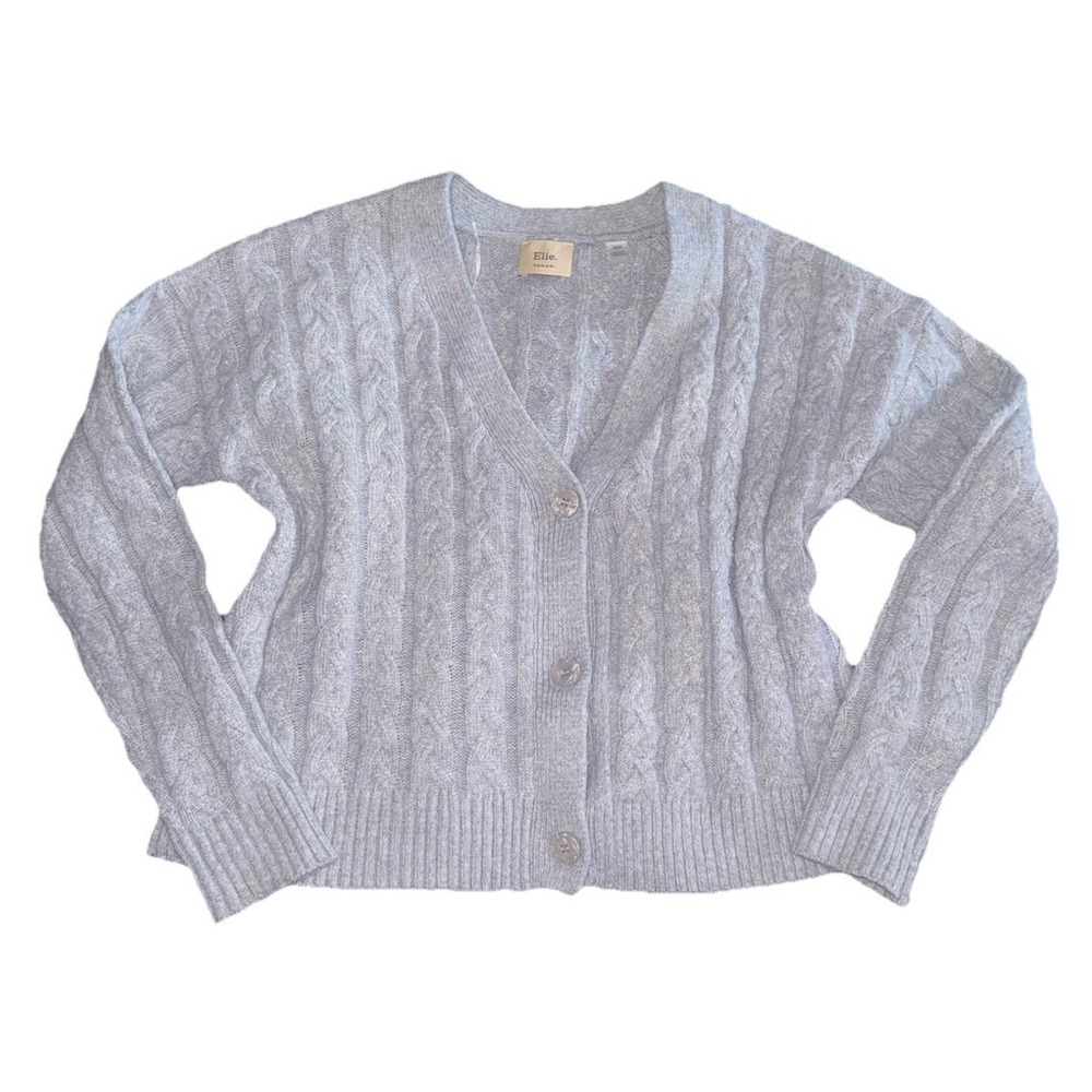 Elie Tahari Ladies Wool Blend Gray Cable Knit 3 Button Slouchy Sweater Sz Med